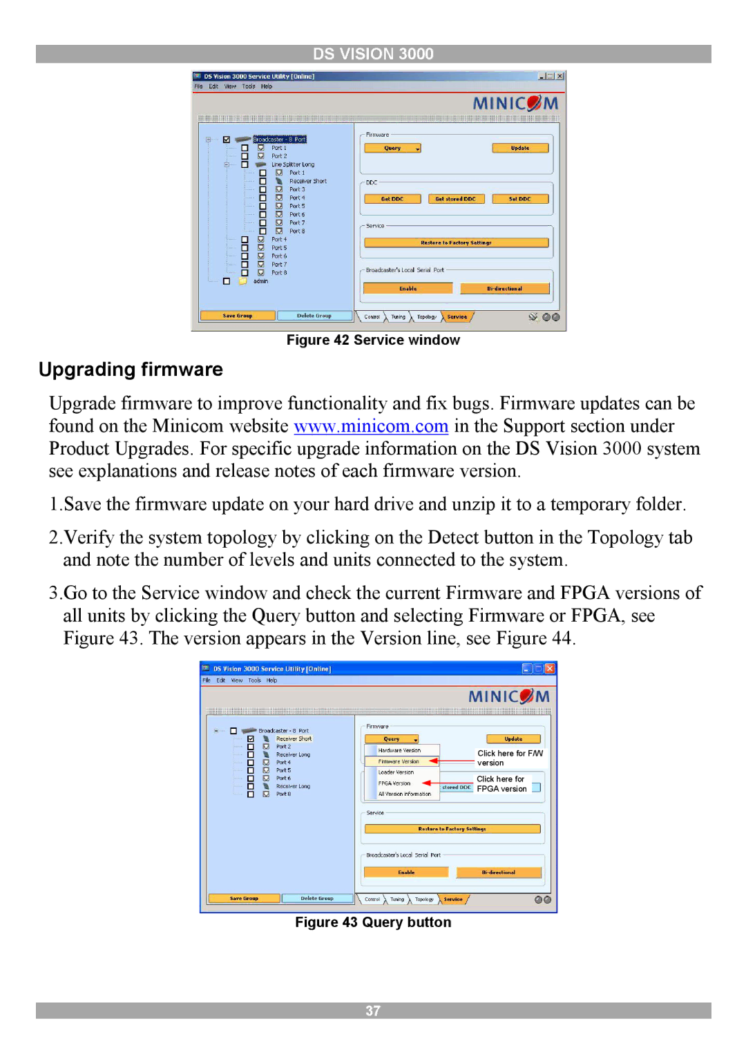 Minicom Advanced Systems 3000 manual Upgrading firmware, Service window 