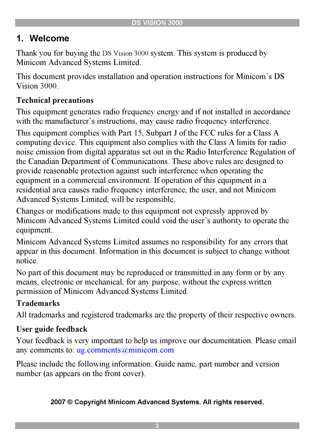 Minicom Advanced Systems 3000 manual Welcome, Technical precautions, Trademarks, User guide feedback 