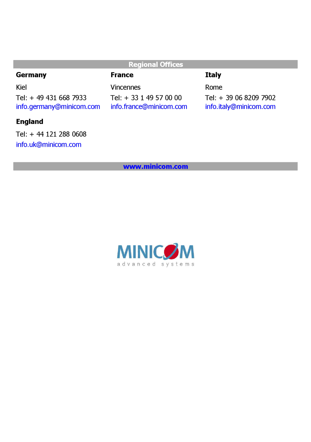 Minicom Advanced Systems 3000 manual Regional Offices 