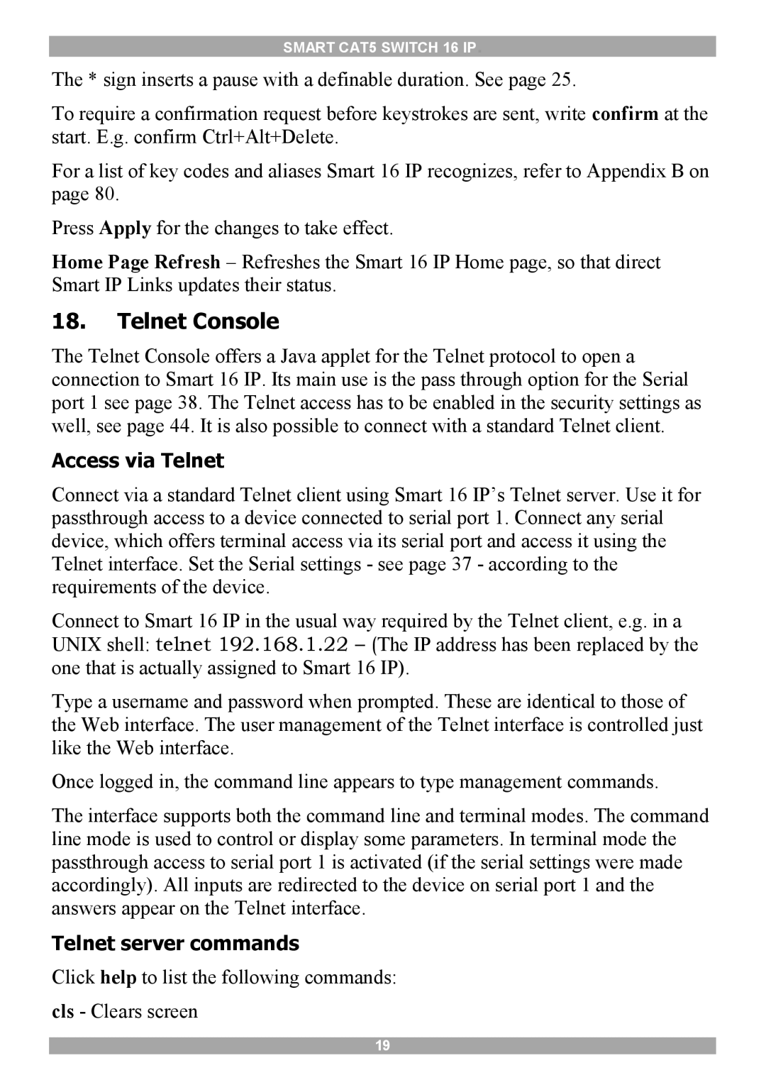 Minicom Advanced Systems 5UM20114 manual Telnet Console, Access via Telnet, Telnet server commands 