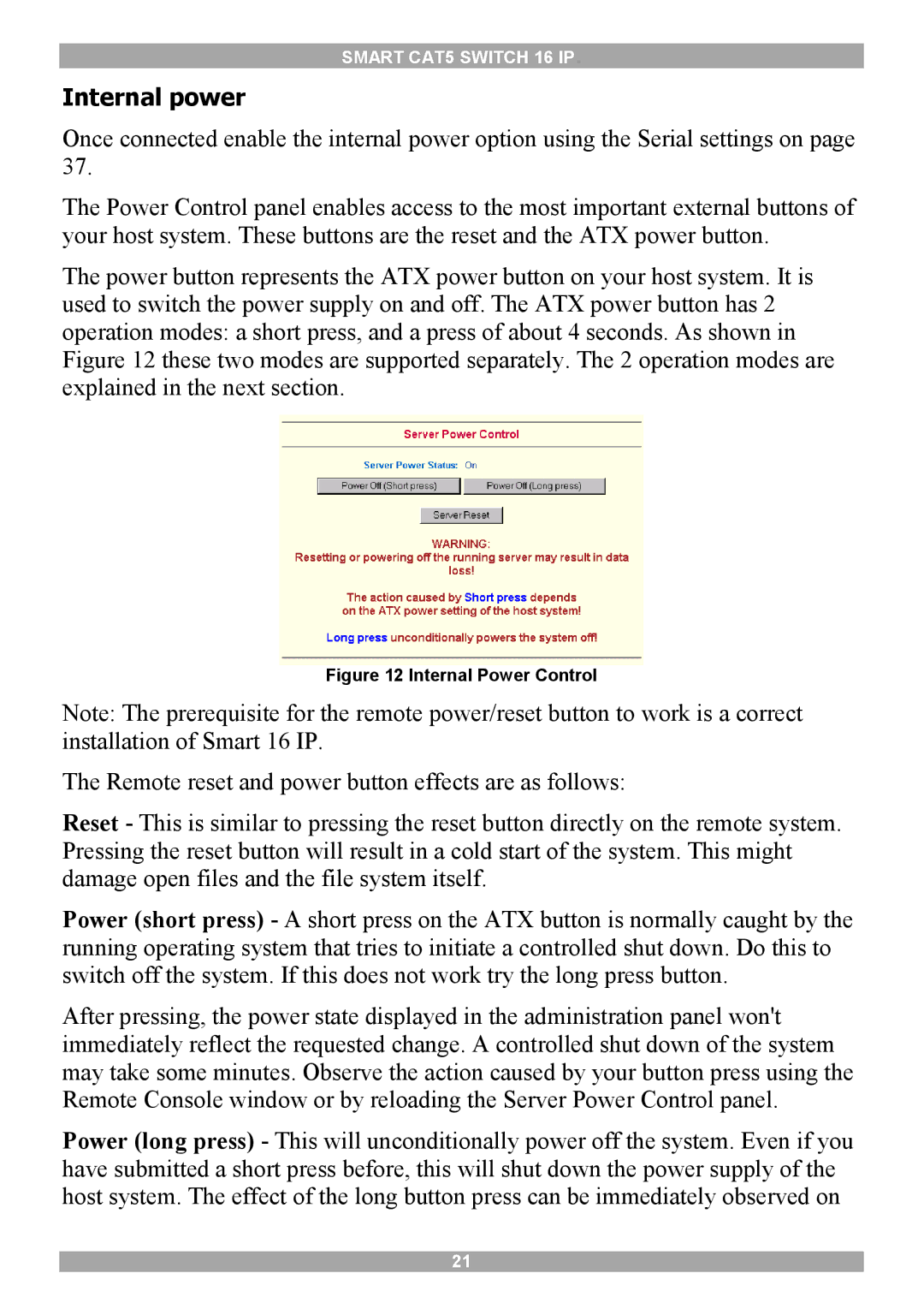 Minicom Advanced Systems 5UM20114 manual Internal power, Internal Power Control 