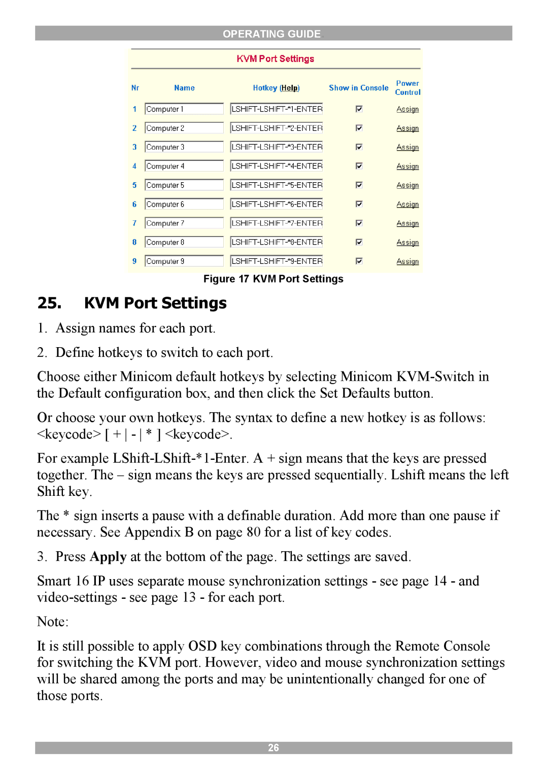 Minicom Advanced Systems 5UM20114 manual KVM Port Settings 