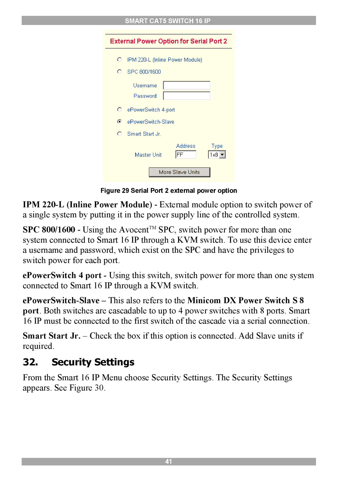 Minicom Advanced Systems 5UM20114 manual Security Settings, Serial Port 2 external power option 