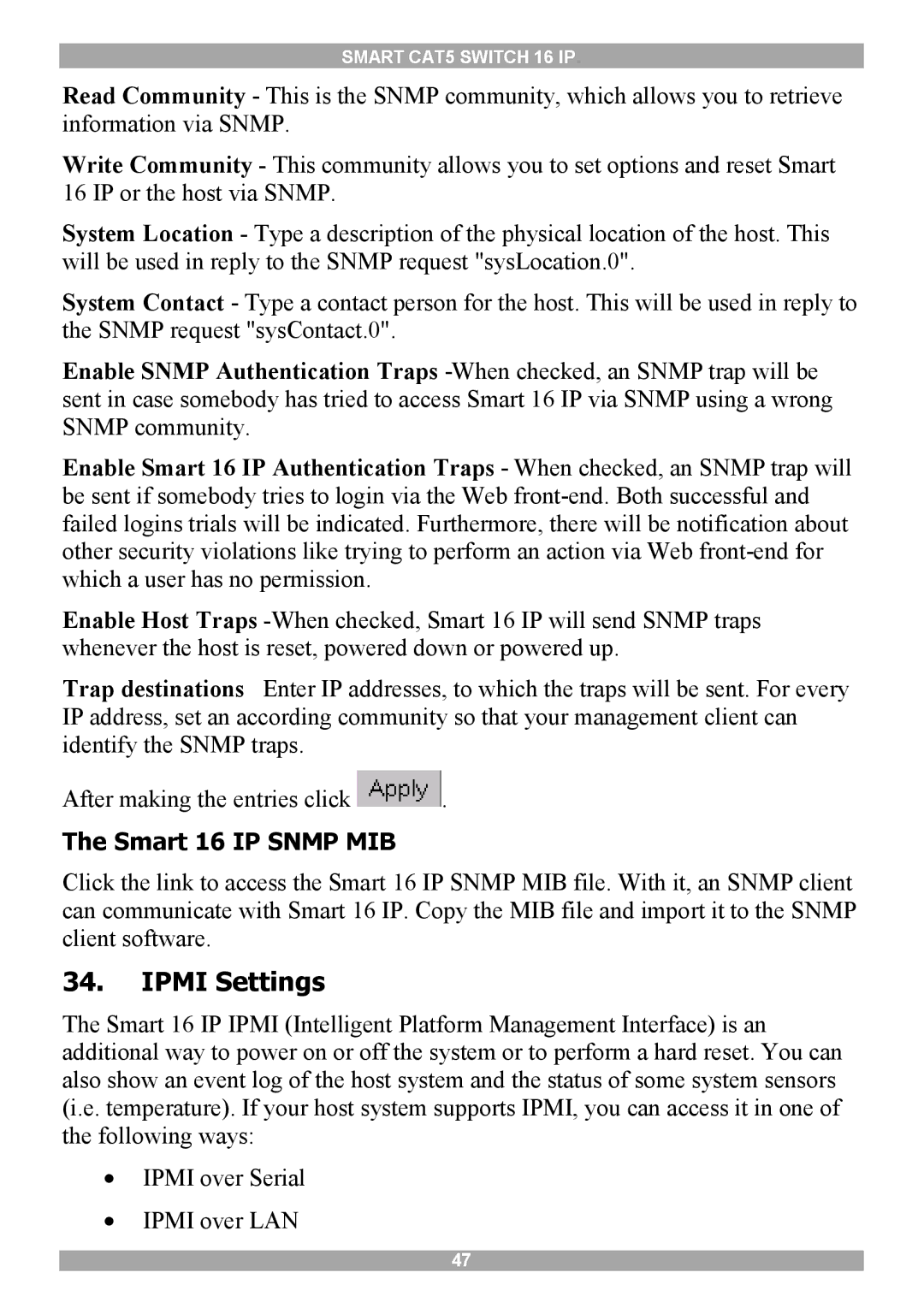 Minicom Advanced Systems 5UM20114 manual Ipmi Settings, Smart 16 IP Snmp MIB 