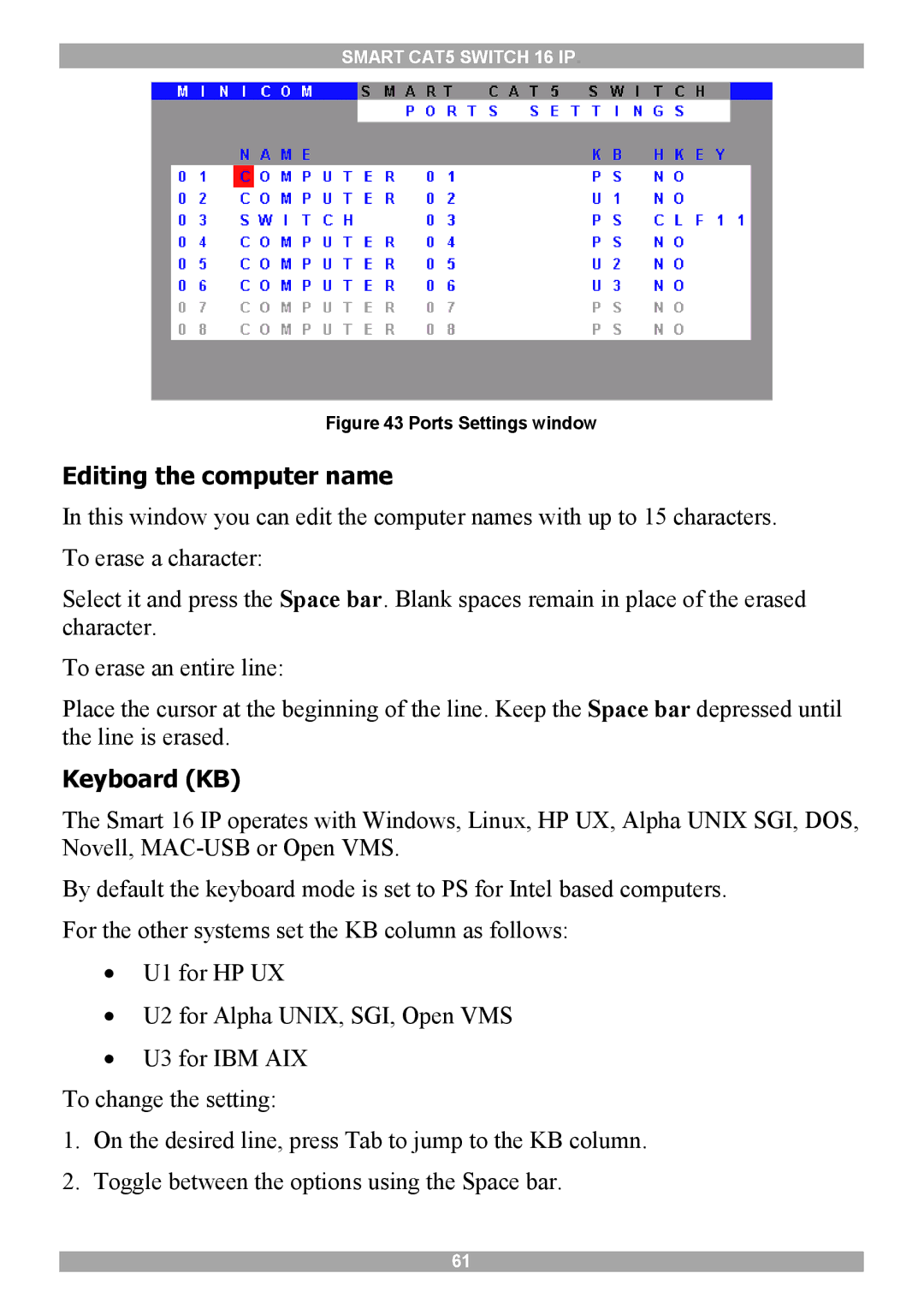 Minicom Advanced Systems 5UM20114 manual Editing the computer name, Keyboard KB 