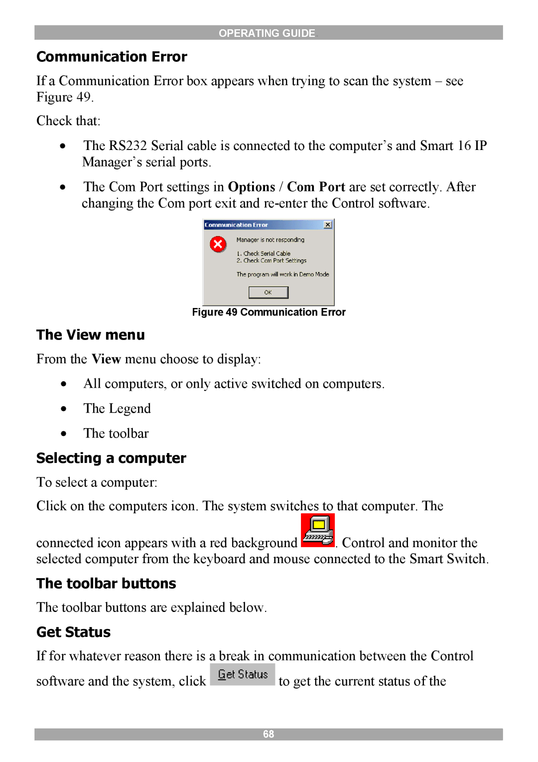 Minicom Advanced Systems 5UM20114 manual Communication Error, View menu, Selecting a computer, Toolbar buttons, Get Status 