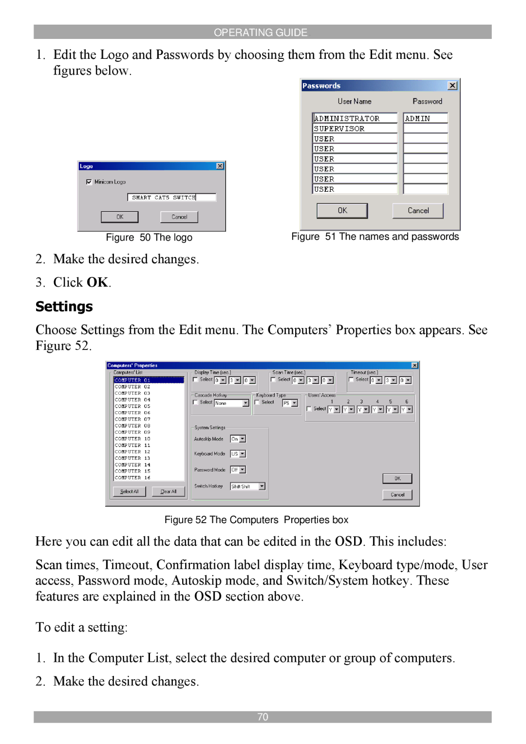 Minicom Advanced Systems 5UM20114 manual Settings, Logo 