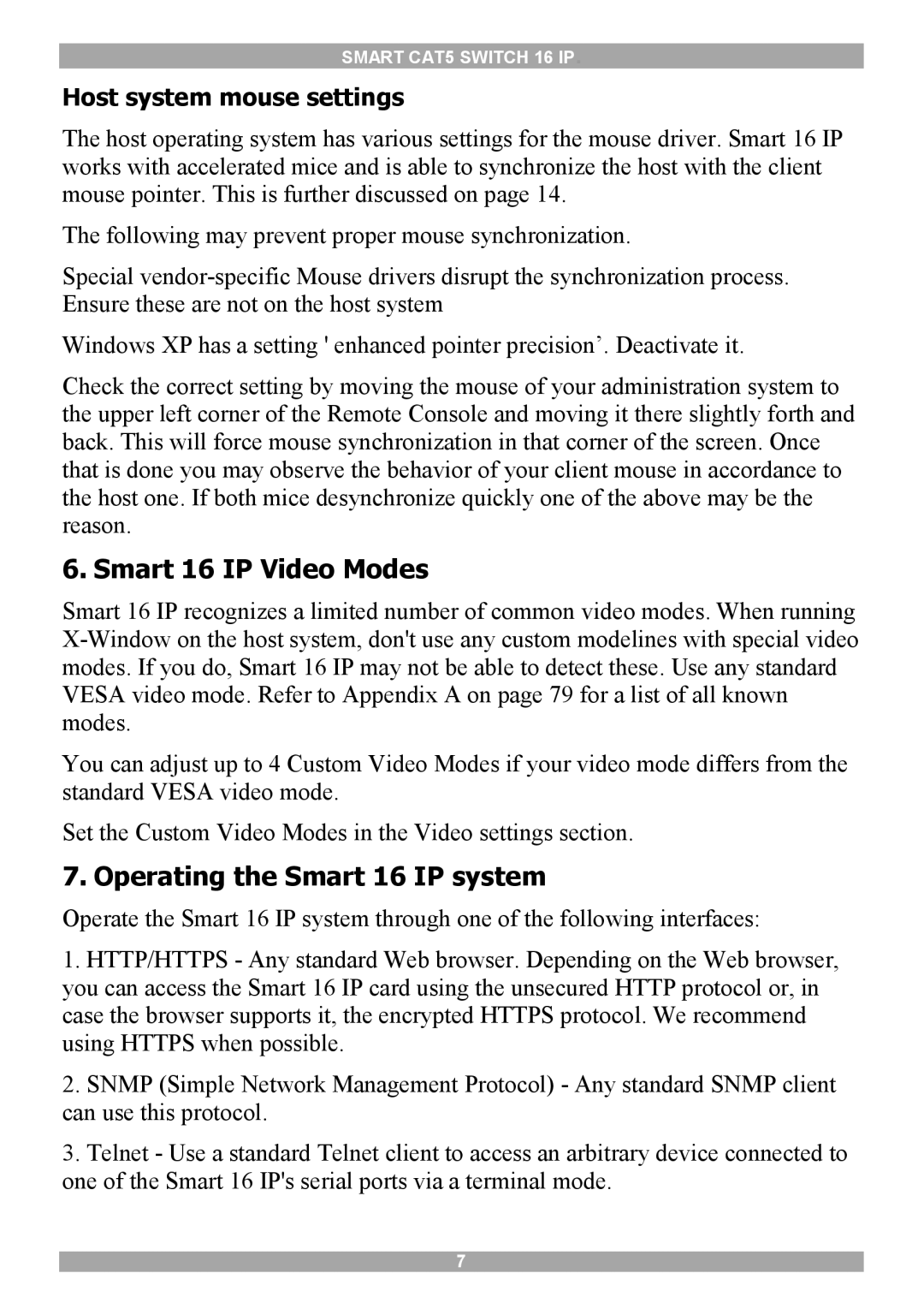 Minicom Advanced Systems 5UM20114 Smart 16 IP Video Modes, Operating the Smart 16 IP system, Host system mouse settings 