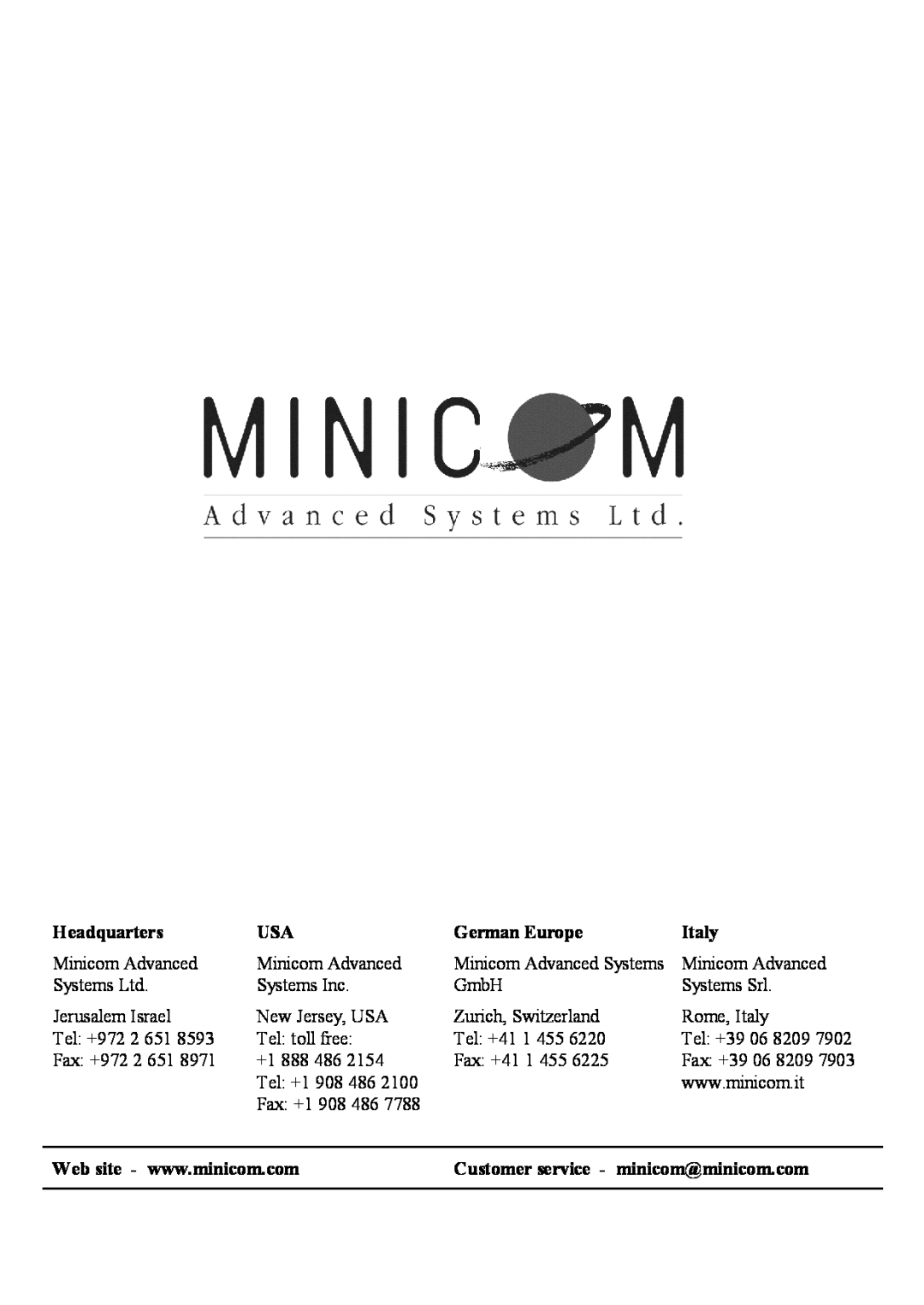 Minicom Advanced Systems 5UM40066 - V1 8/01 manual Headquarters, German Europe, Italy 