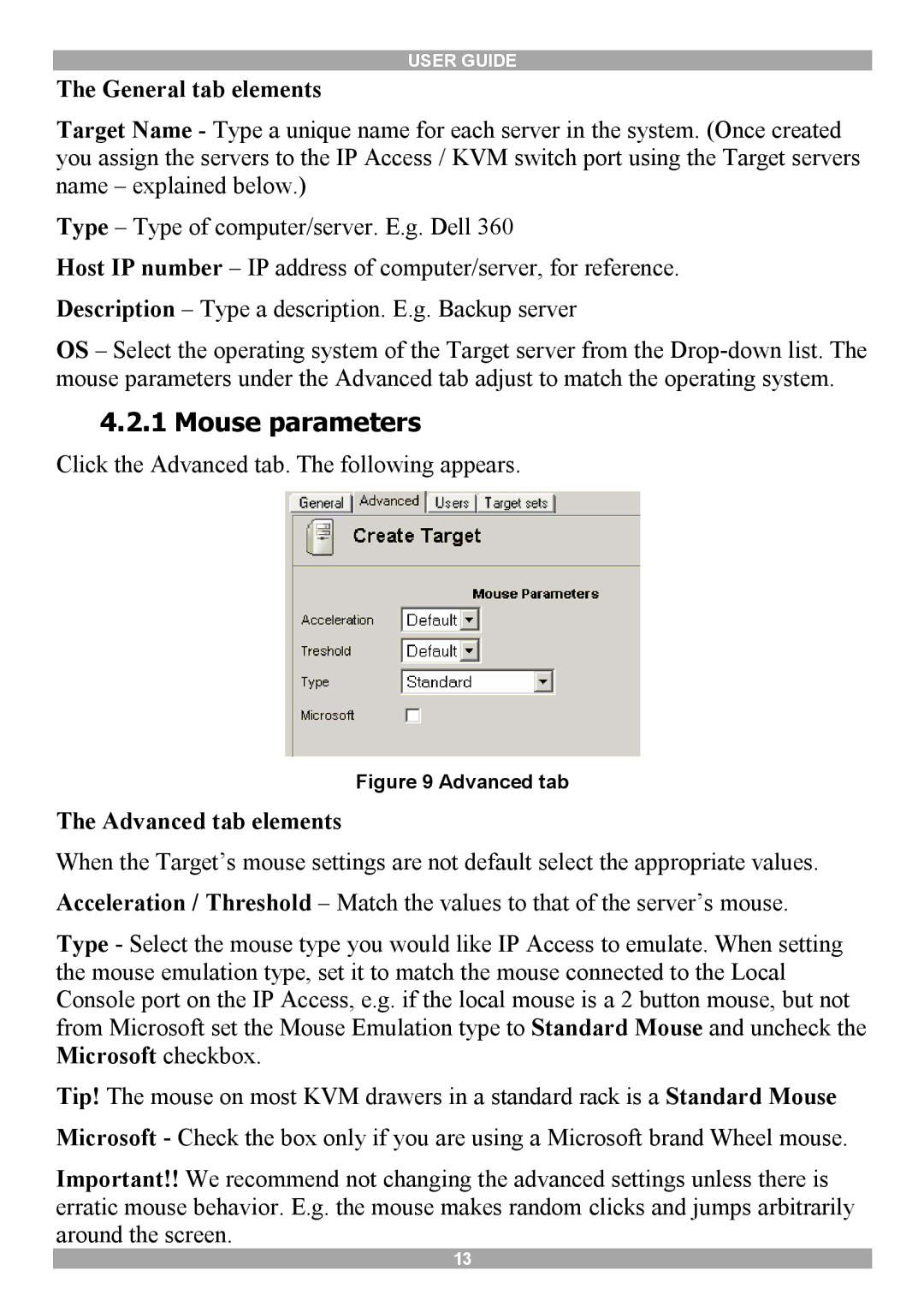 Minicom Advanced Systems 5UM70156 V1.1 12 manual Mouse parameters, General tab elements, Advanced tab elements 