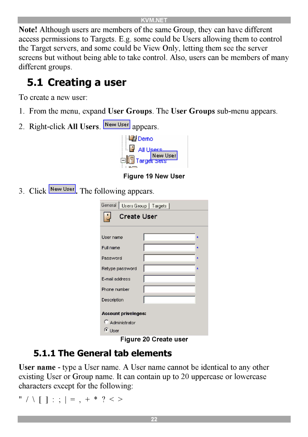 Minicom Advanced Systems 5UM70156 V1.1 12 manual Creating a user, General tab elements 