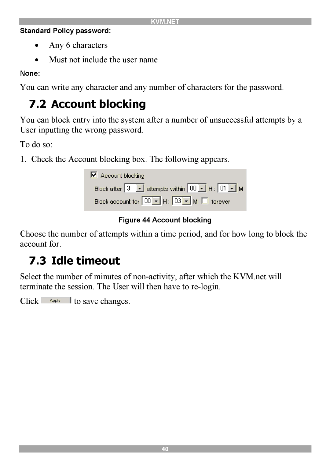 Minicom Advanced Systems 5UM70156 V1.1 12 manual Account blocking, Idle timeout 