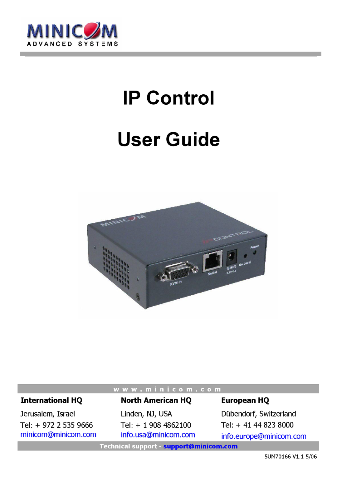 Minicom Advanced Systems 5UM70166 manual IP Control User Guide 