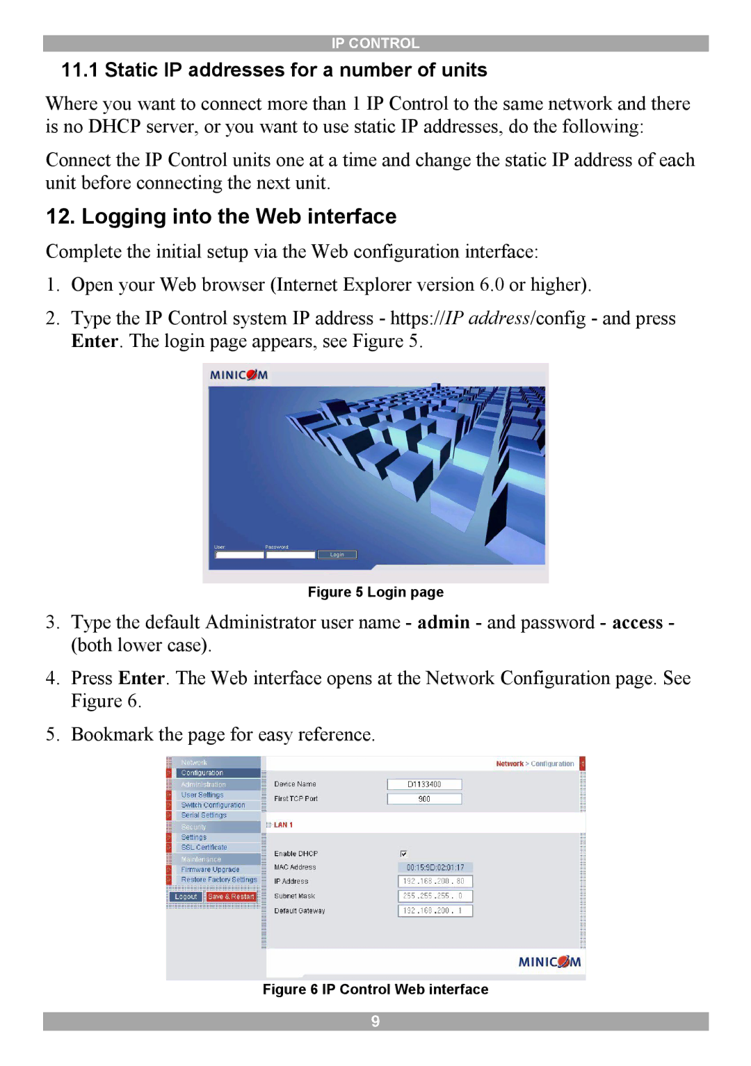 Minicom Advanced Systems 5UM70166 manual Logging into the Web interface, Static IP addresses for a number of units 