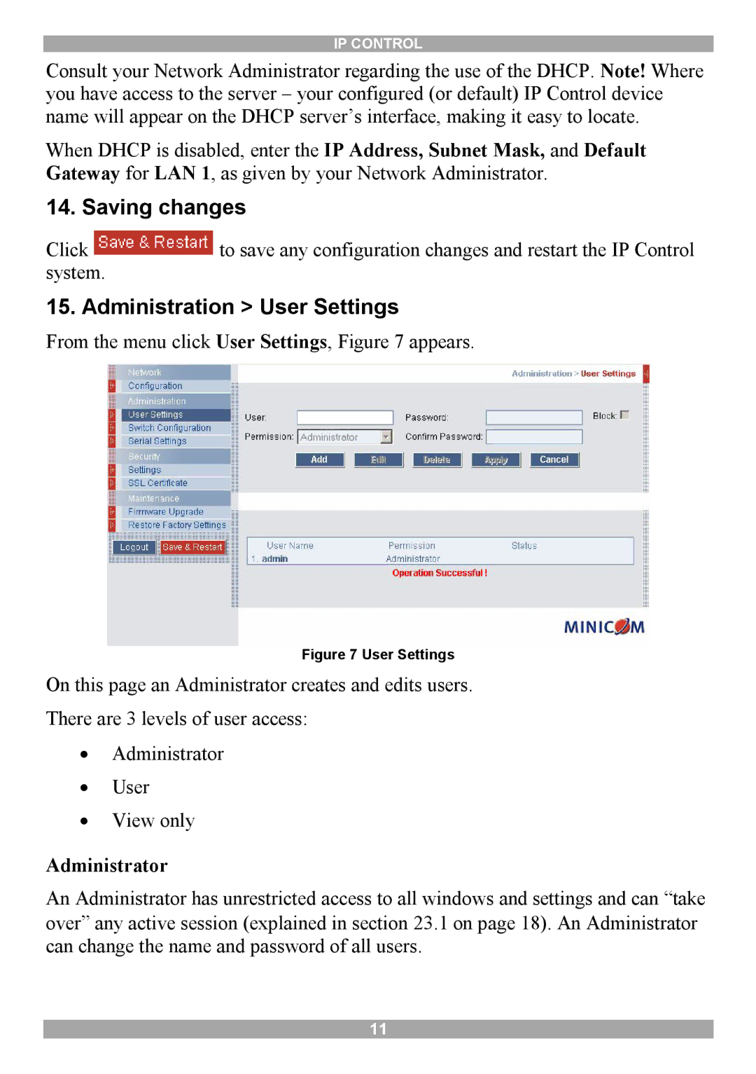 Minicom Advanced Systems 5UM70166 manual Saving changes, Administration User Settings, Administrator 