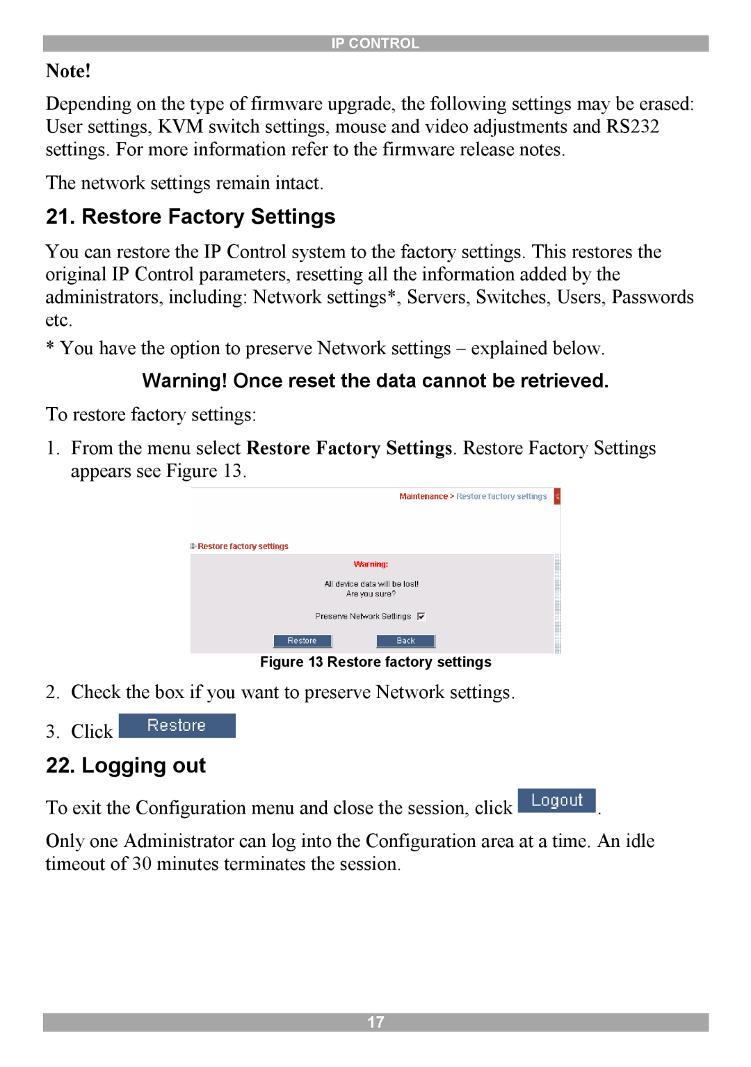 Minicom Advanced Systems 5UM70166 manual Restore Factory Settings, Logging out 