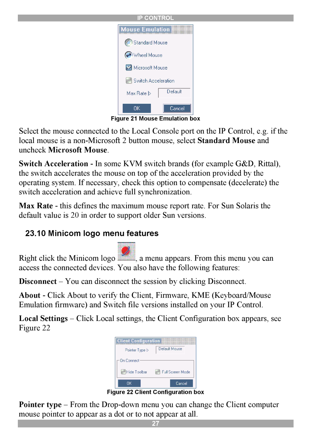 Minicom Advanced Systems 5UM70166 manual Minicom logo menu features, Mouse Emulation box 