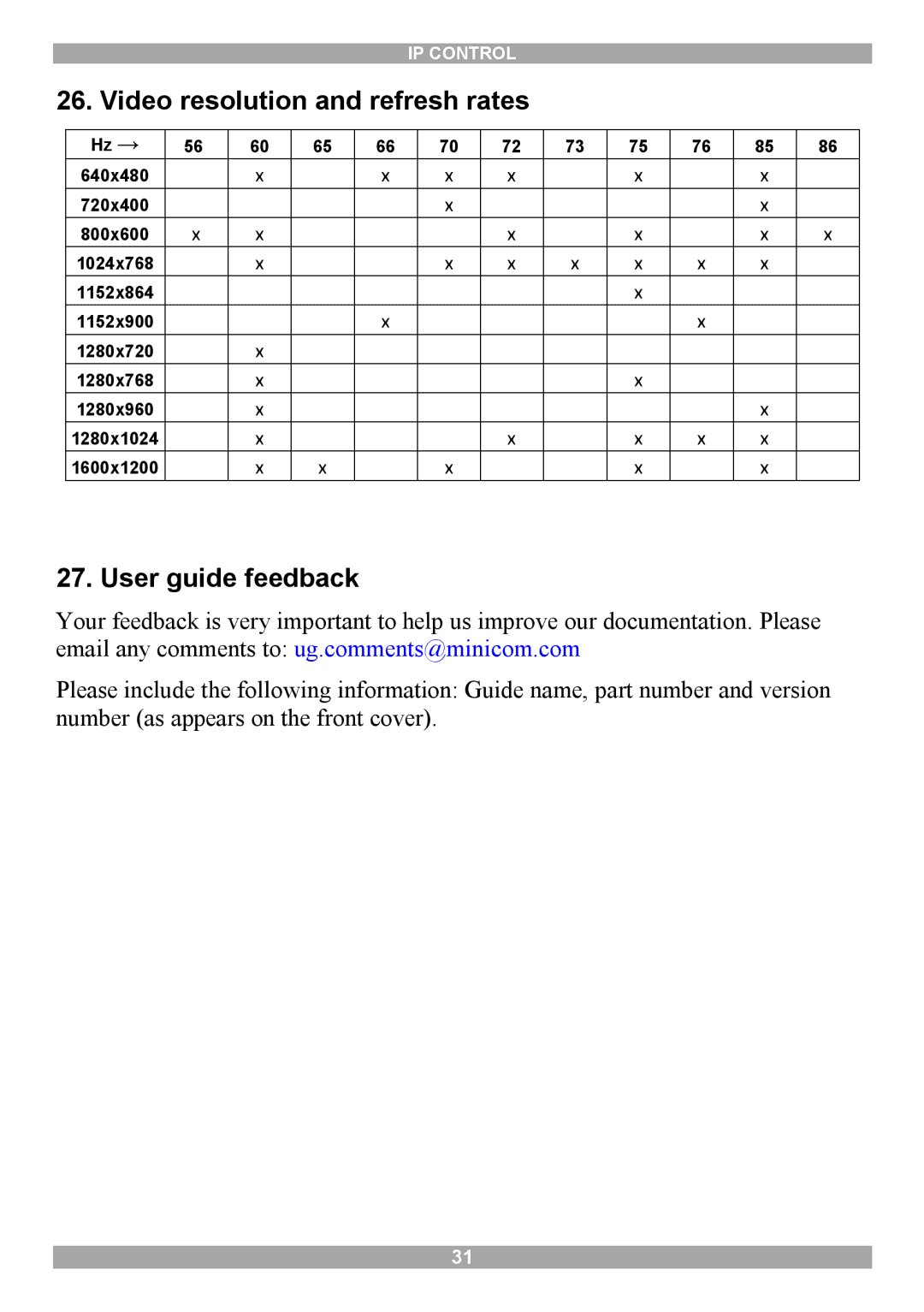 Minicom Advanced Systems 5UM70166 manual Video resolution and refresh rates, User guide feedback 