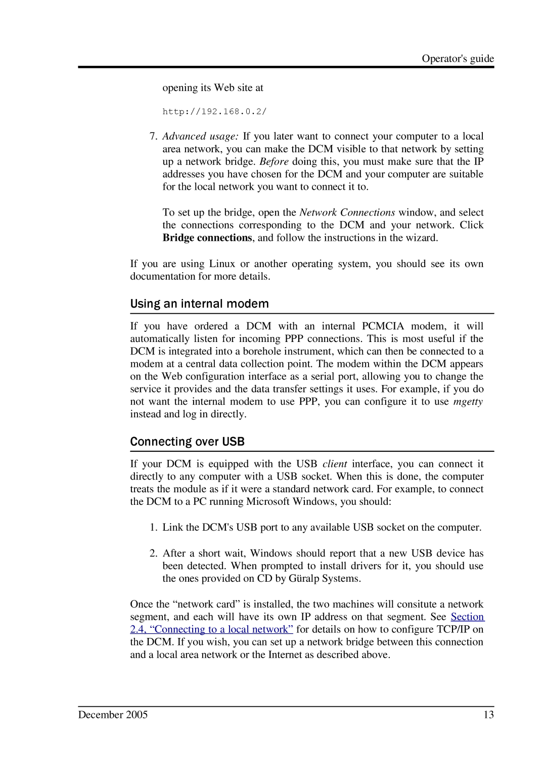 Minicom Advanced Systems CMG-DCM manual Using an internal modem, Connecting over USB 