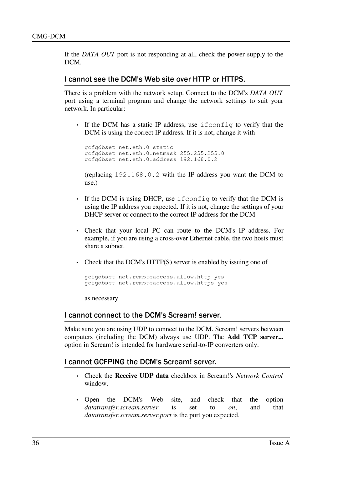 Minicom Advanced Systems CMG-DCM Cannot see the DCMs Web site over Http or Https, Cannot Gcfping the DCMs Scream! server 