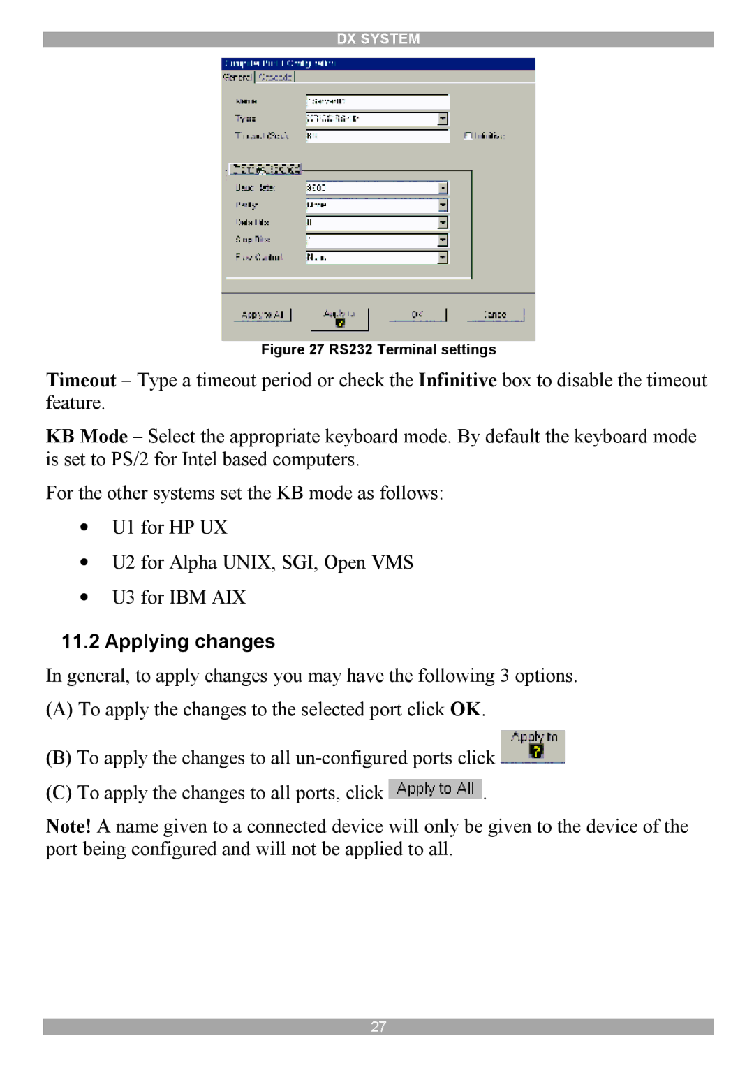 Minicom Advanced Systems DX System manual Applying changes, RS232 Terminal settings 