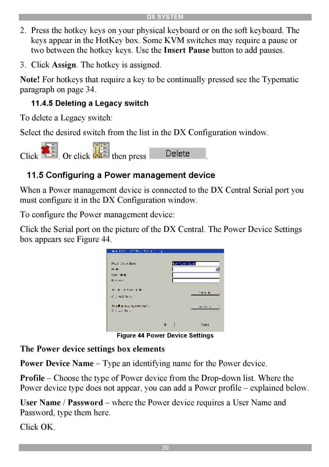 Minicom Advanced Systems DX System manual Configuring a Power management device, Power device settings box elements 