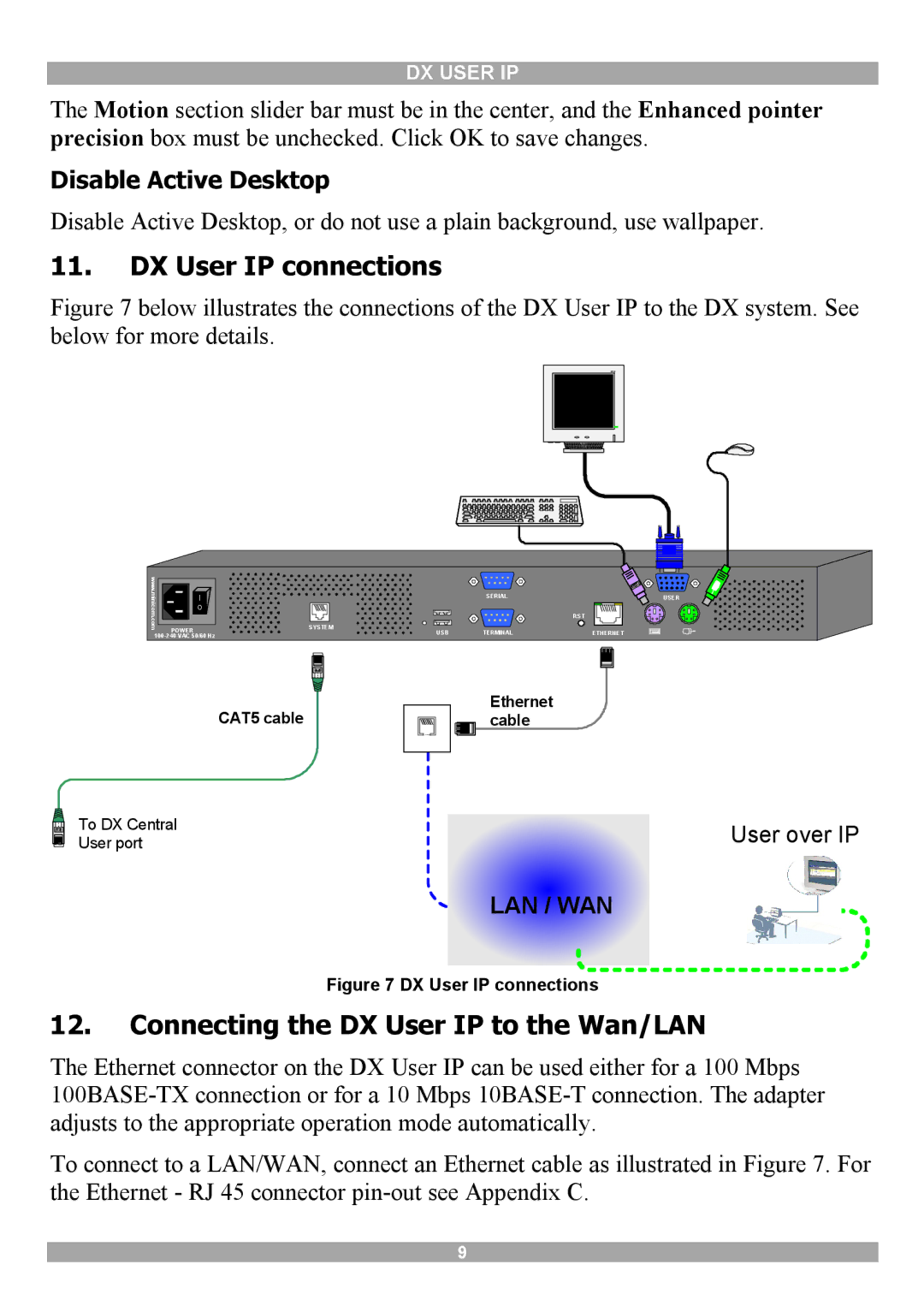 Minicom Advanced Systems manual DX User IP connections, Connecting the DX User IP to the Wan/LAN, Disable Active Desktop 