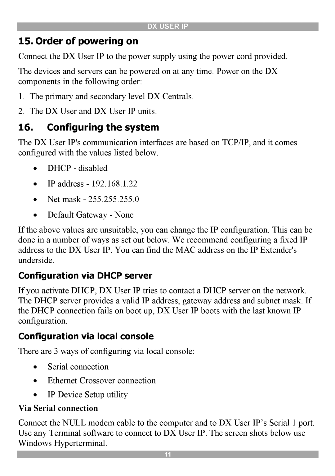 Minicom Advanced Systems DX User IP manual Order of powering on, Configuring the system, Configuration via Dhcp server 