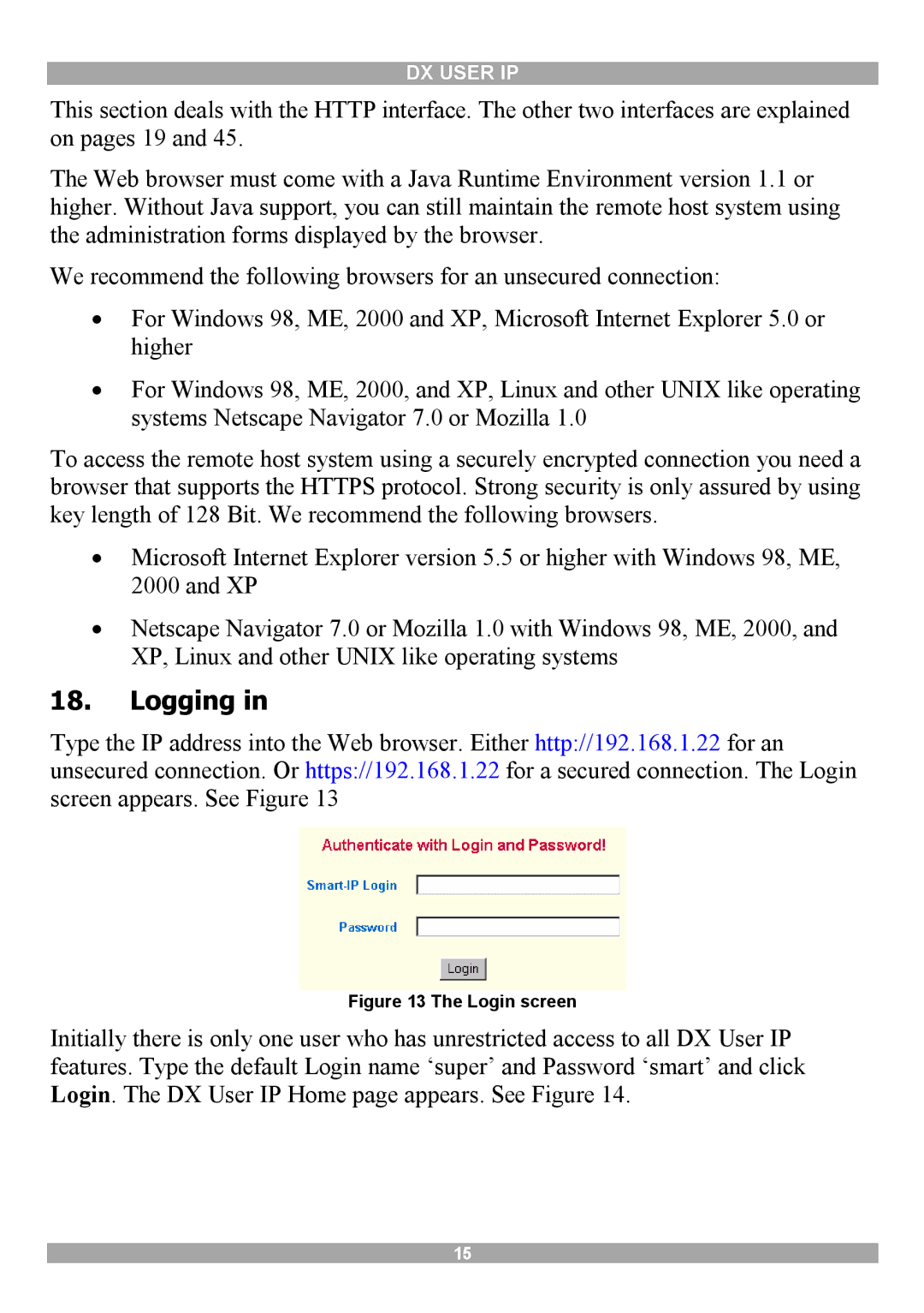 Minicom Advanced Systems DX User IP manual Logging, Login screen 