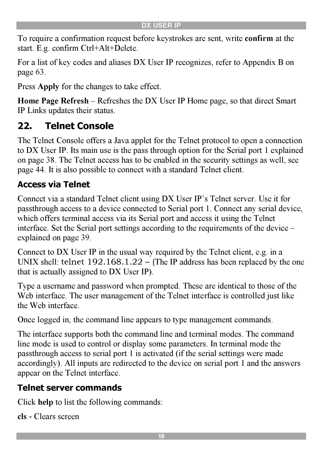 Minicom Advanced Systems DX User IP manual Telnet Console, Access via Telnet, Telnet server commands 