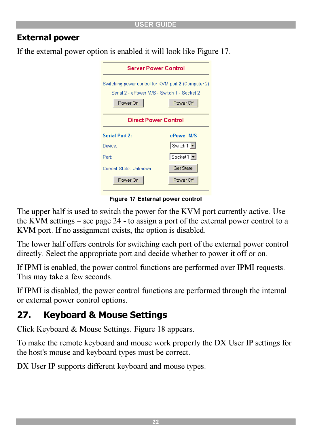 Minicom Advanced Systems DX User IP manual Keyboard & Mouse Settings, External power 