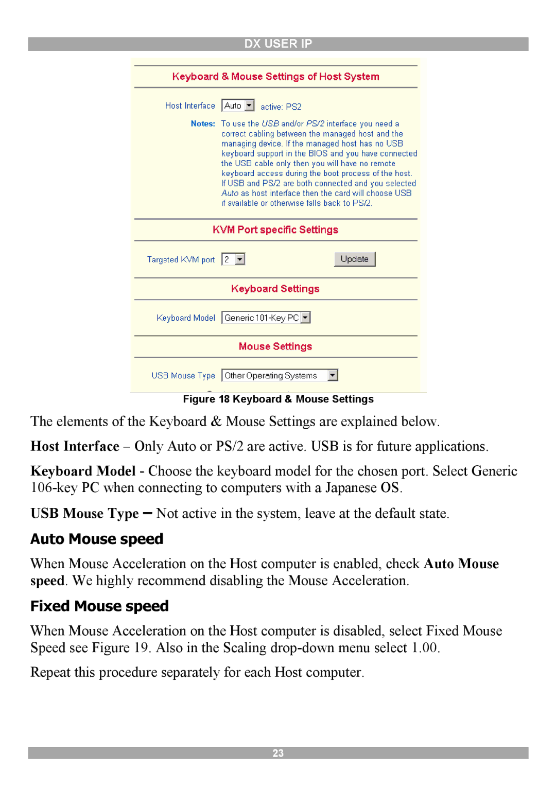 Minicom Advanced Systems DX User IP manual Auto Mouse speed, Fixed Mouse speed 