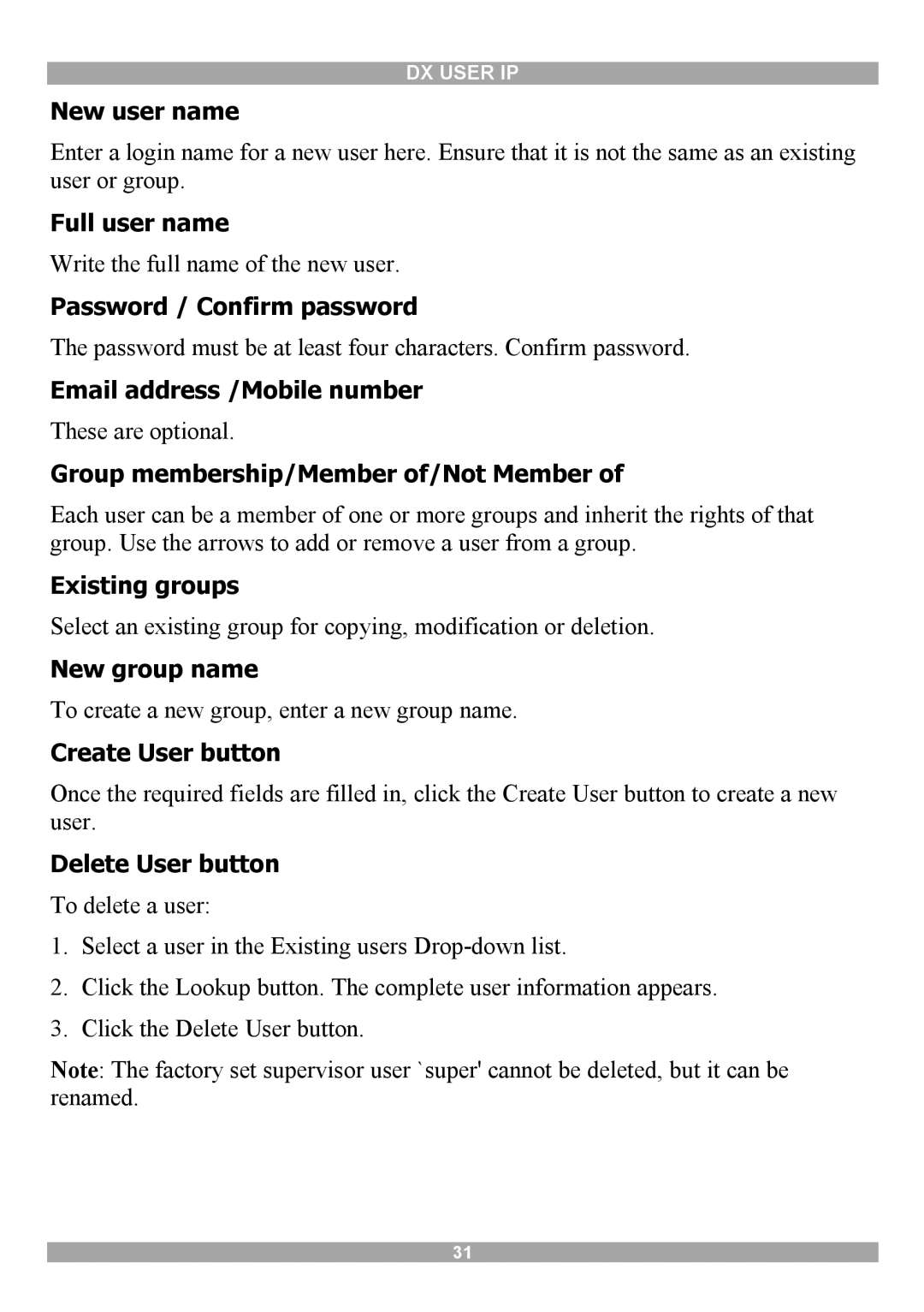 Minicom Advanced Systems DX User IP manual New user name, Full user name, Password / Confirm password, Existing groups 