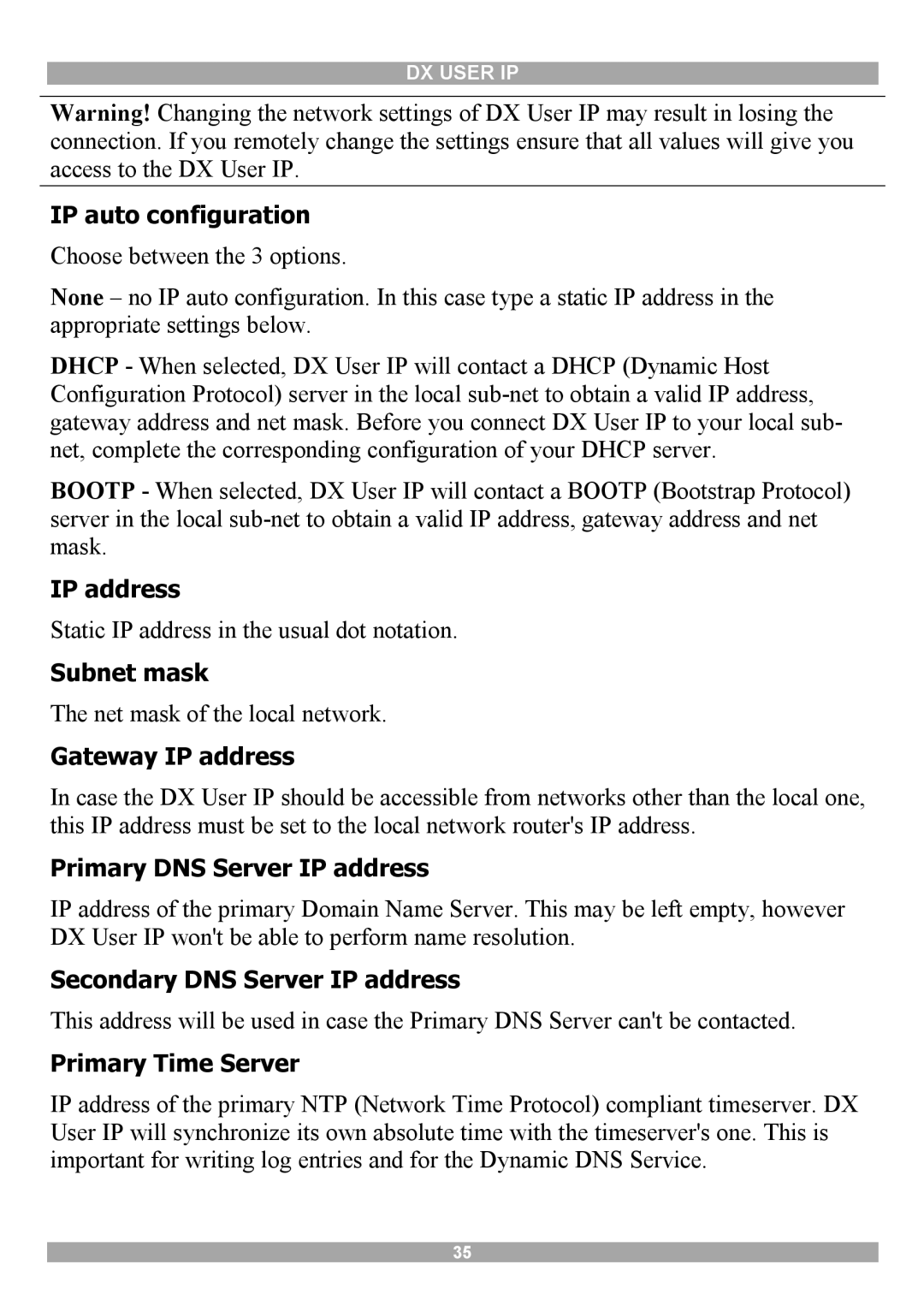 Minicom Advanced Systems DX User IP manual IP auto configuration, Subnet mask, Gateway IP address, Primary Time Server 