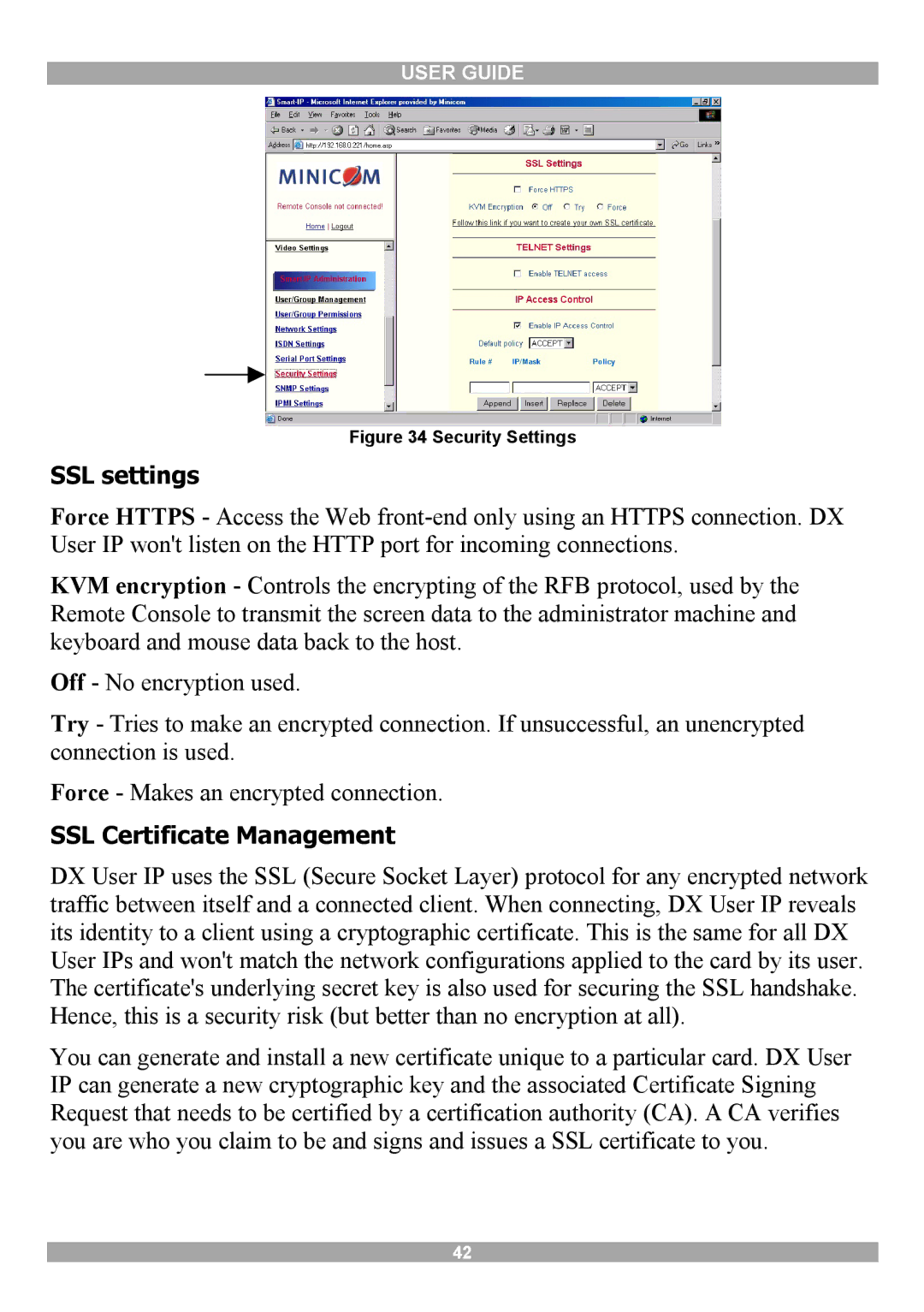 Minicom Advanced Systems DX User IP manual SSL settings, SSL Certificate Management 