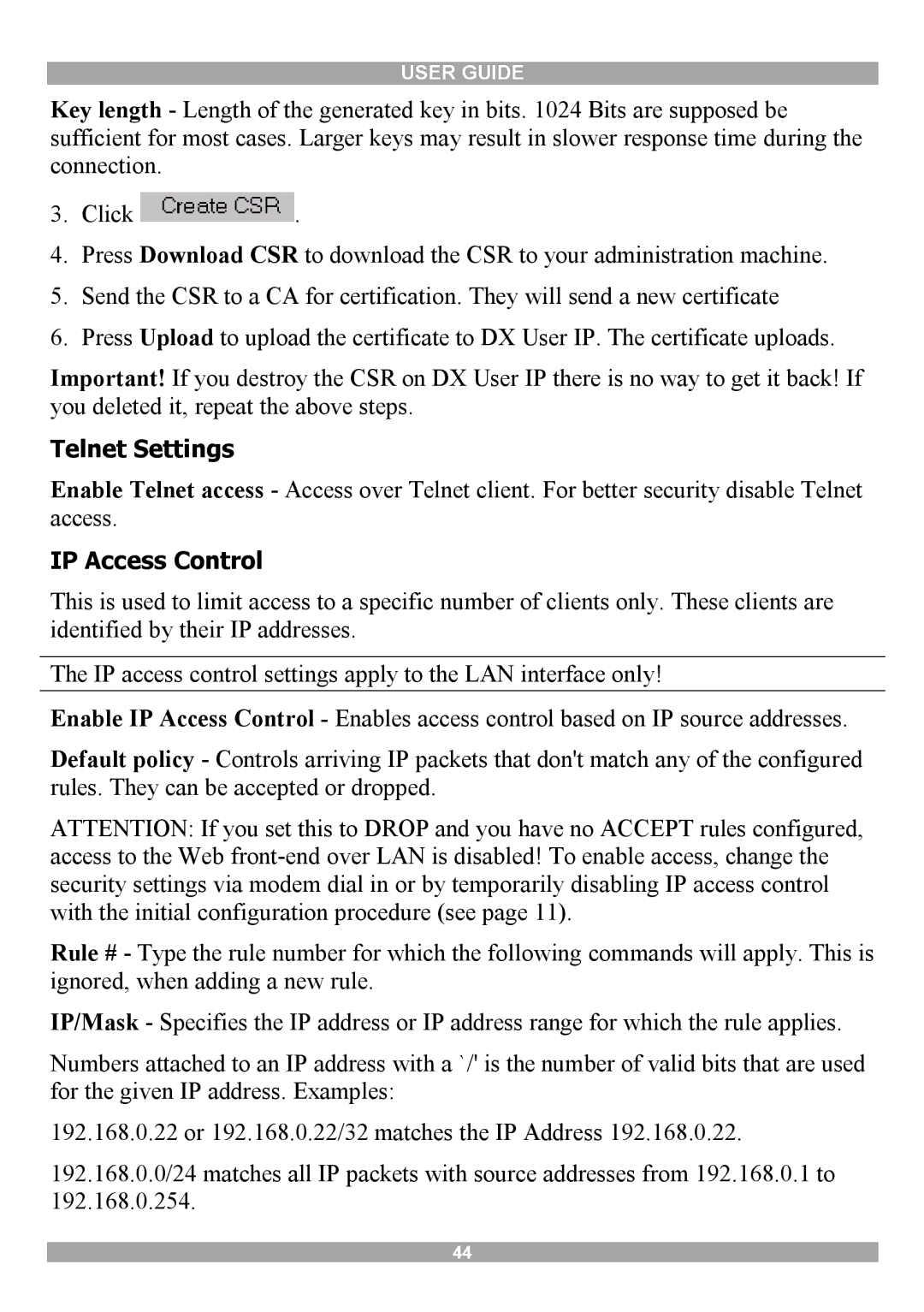 Minicom Advanced Systems DX User IP manual Telnet Settings, IP Access Control 