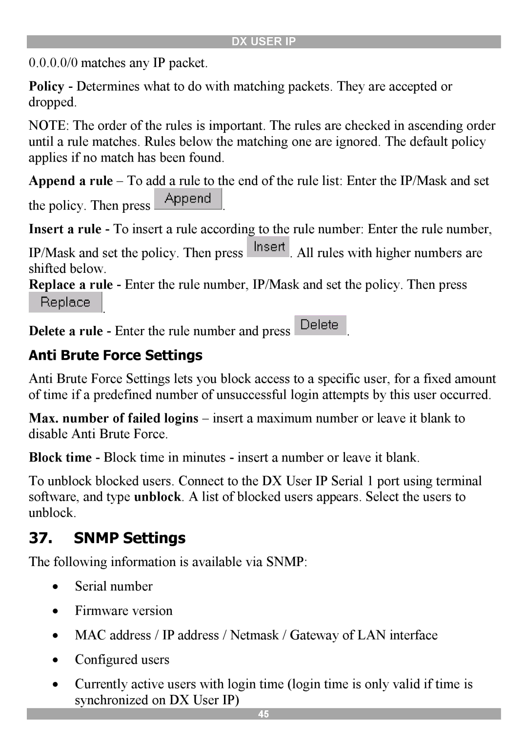 Minicom Advanced Systems DX User IP manual Snmp Settings, Anti Brute Force Settings 