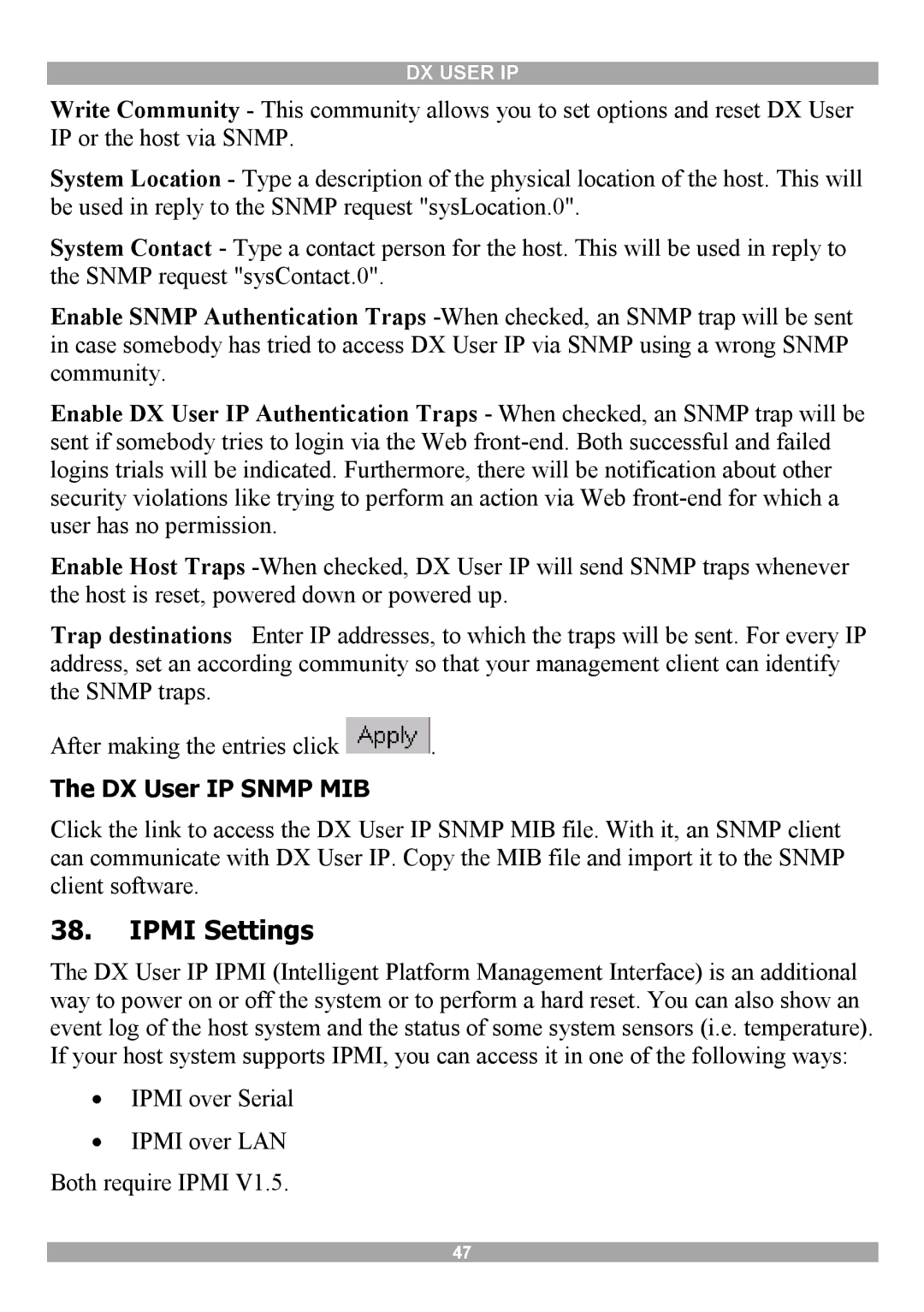 Minicom Advanced Systems manual Ipmi Settings, DX User IP Snmp MIB 