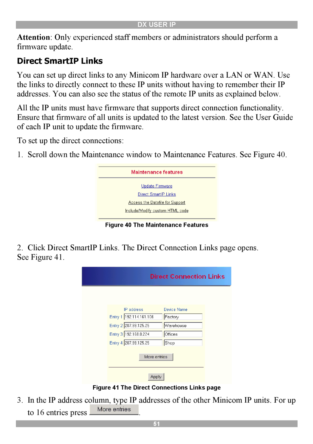 Minicom Advanced Systems DX User IP manual Direct SmartIP Links, Maintenance Features 