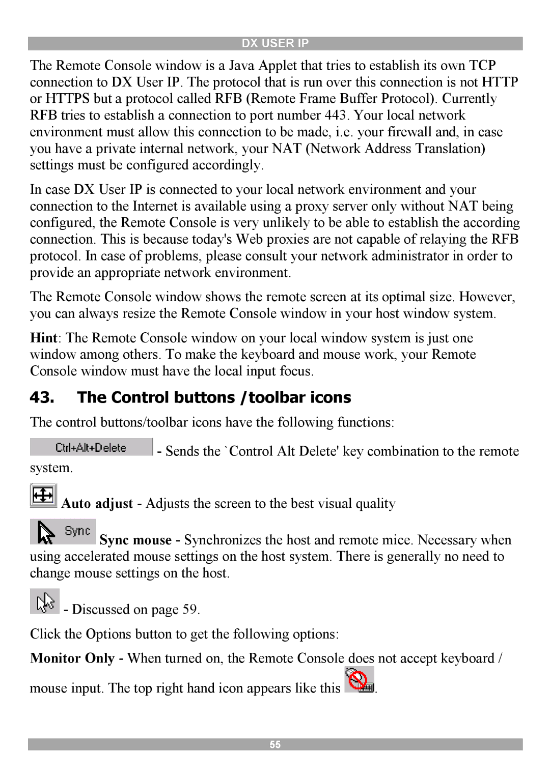 Minicom Advanced Systems DX User IP manual Control buttons /toolbar icons 