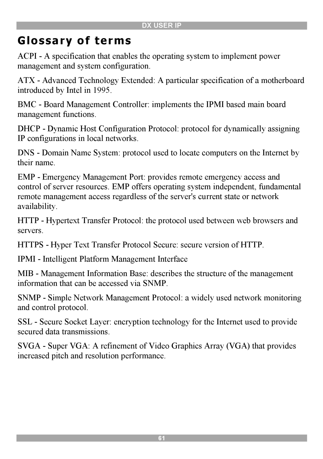 Minicom Advanced Systems DX User IP manual Glossary of terms 