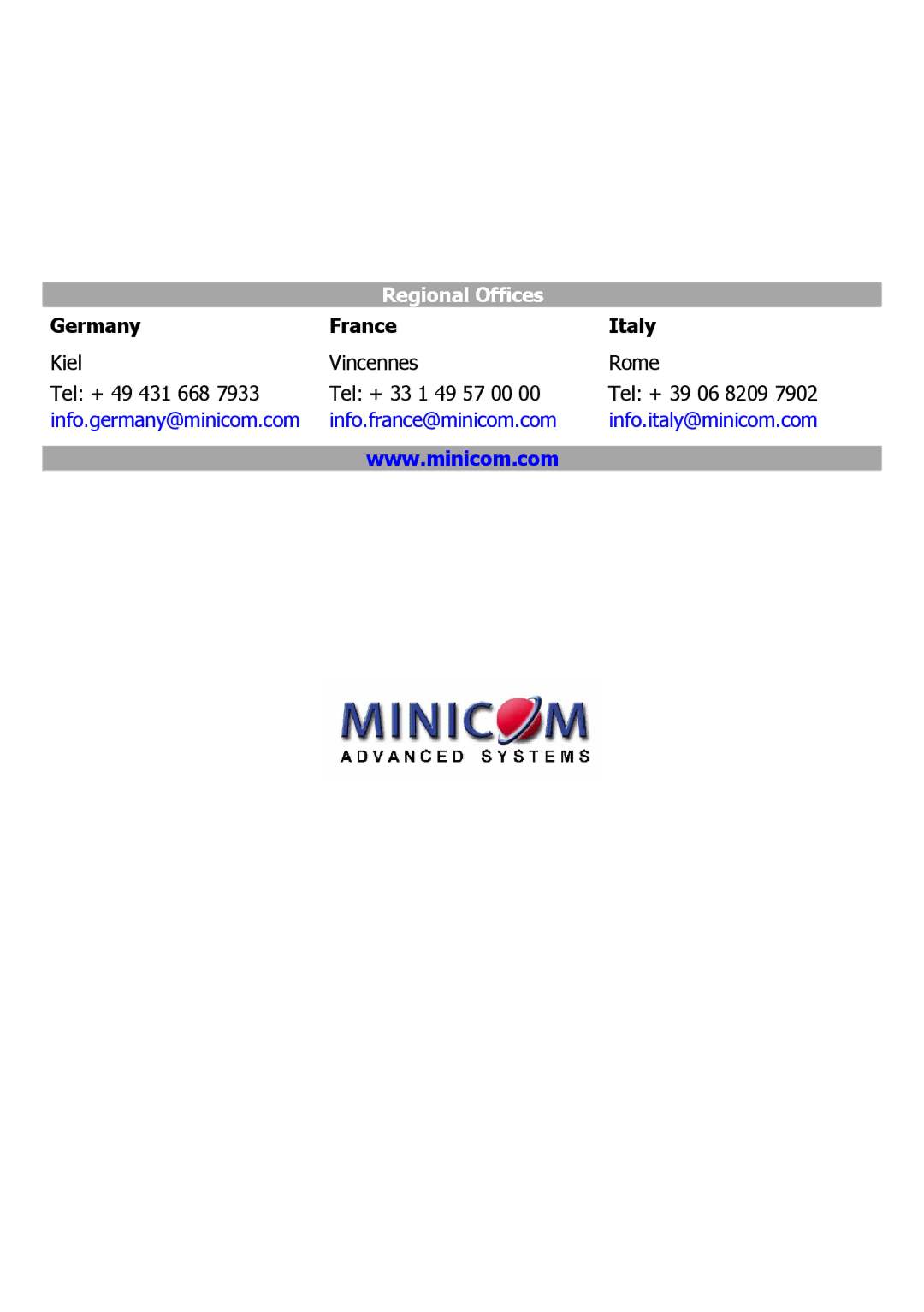 Minicom Advanced Systems DX User IP manual Regional Offices 