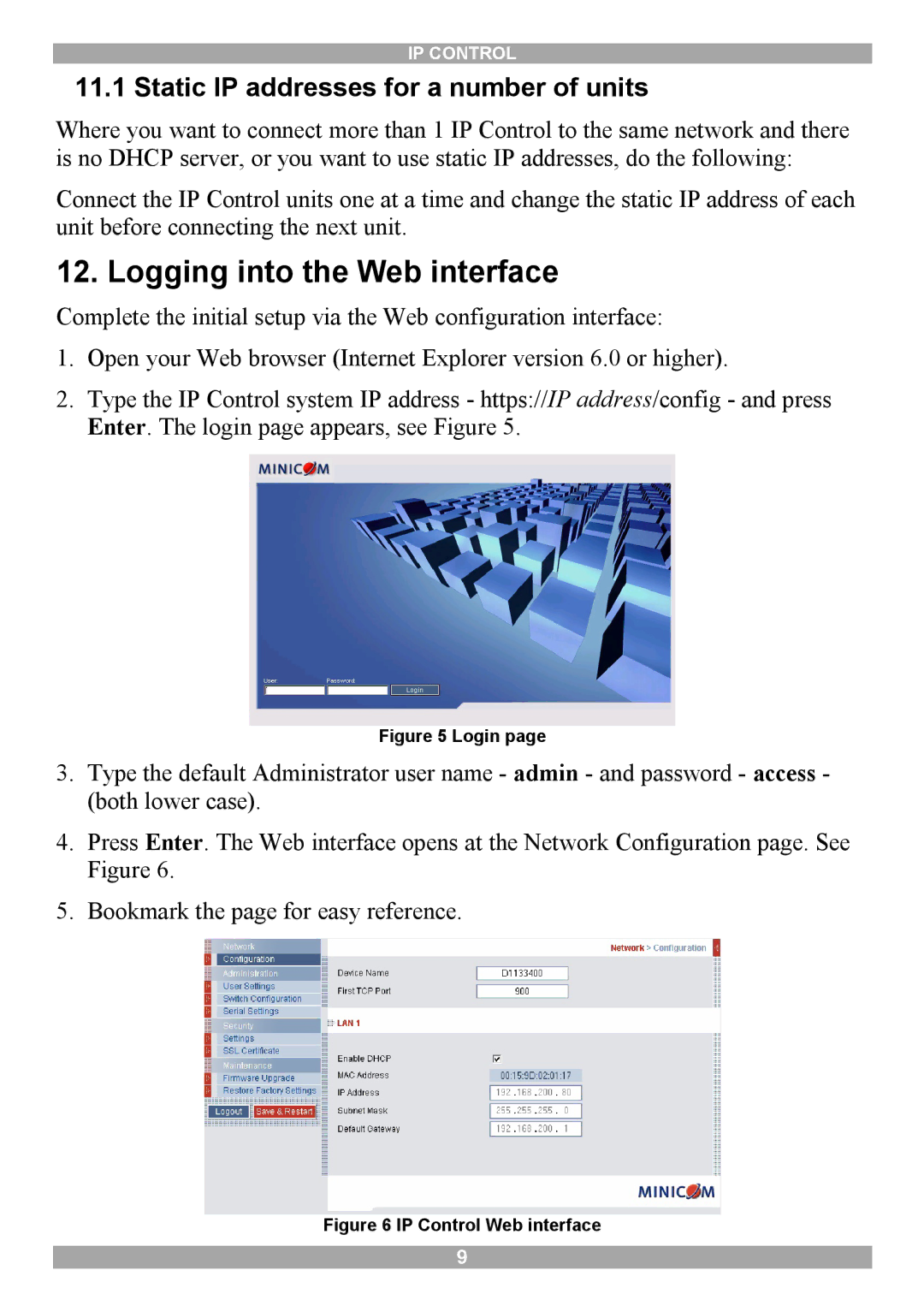 Minicom Advanced Systems IP Control manual Logging into the Web interface, Static IP addresses for a number of units 