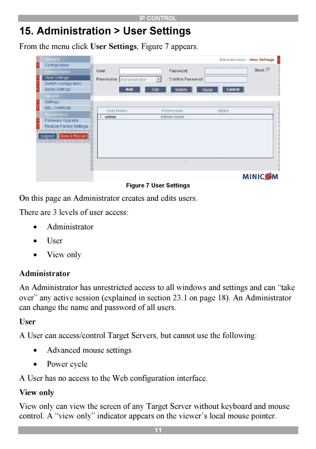 Minicom Advanced Systems IP Control manual Administration User Settings, Administrator, View only 