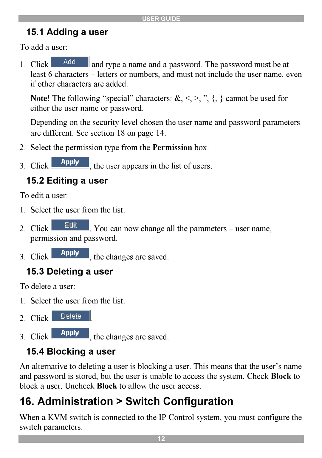 Minicom Advanced Systems IP Control Administration Switch Configuration, Adding a user, Editing a user, Deleting a user 