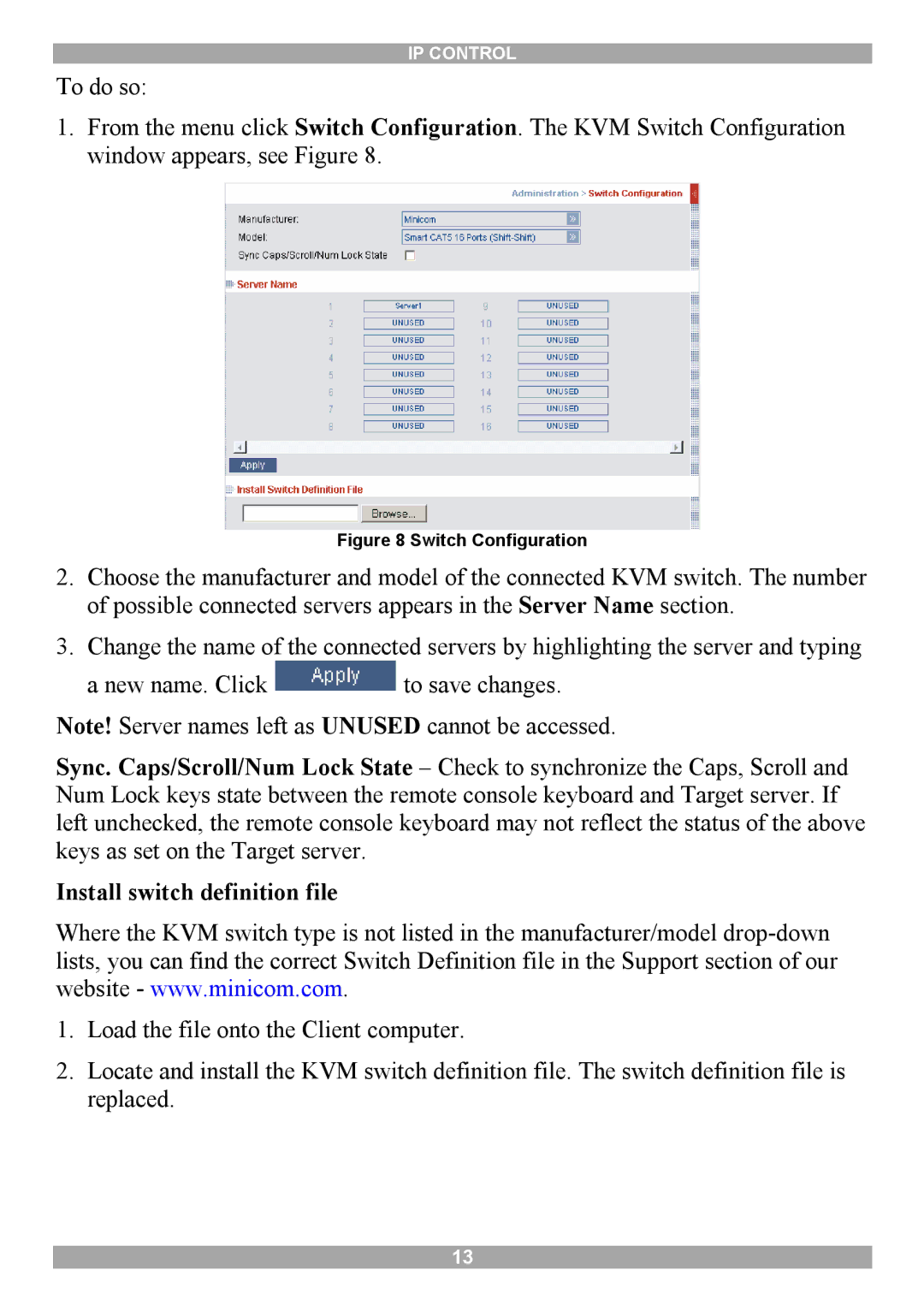 Minicom Advanced Systems IP Control manual Install switch definition file, Switch Configuration 