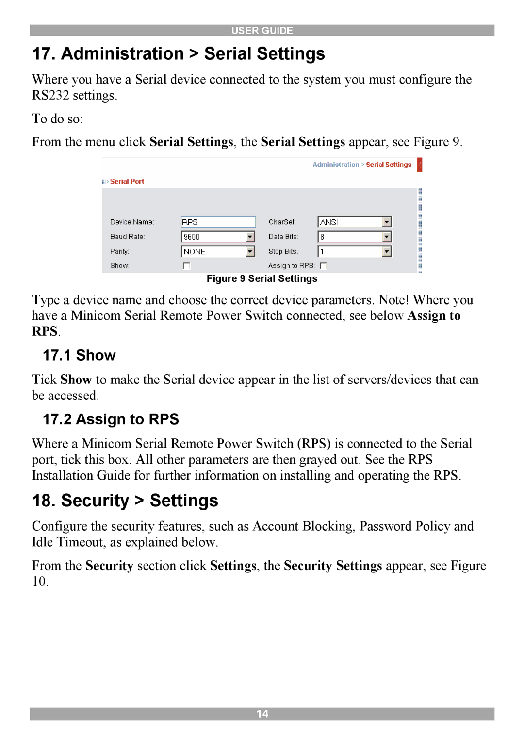 Minicom Advanced Systems IP Control manual Administration Serial Settings, Security Settings, Show, Assign to RPS 