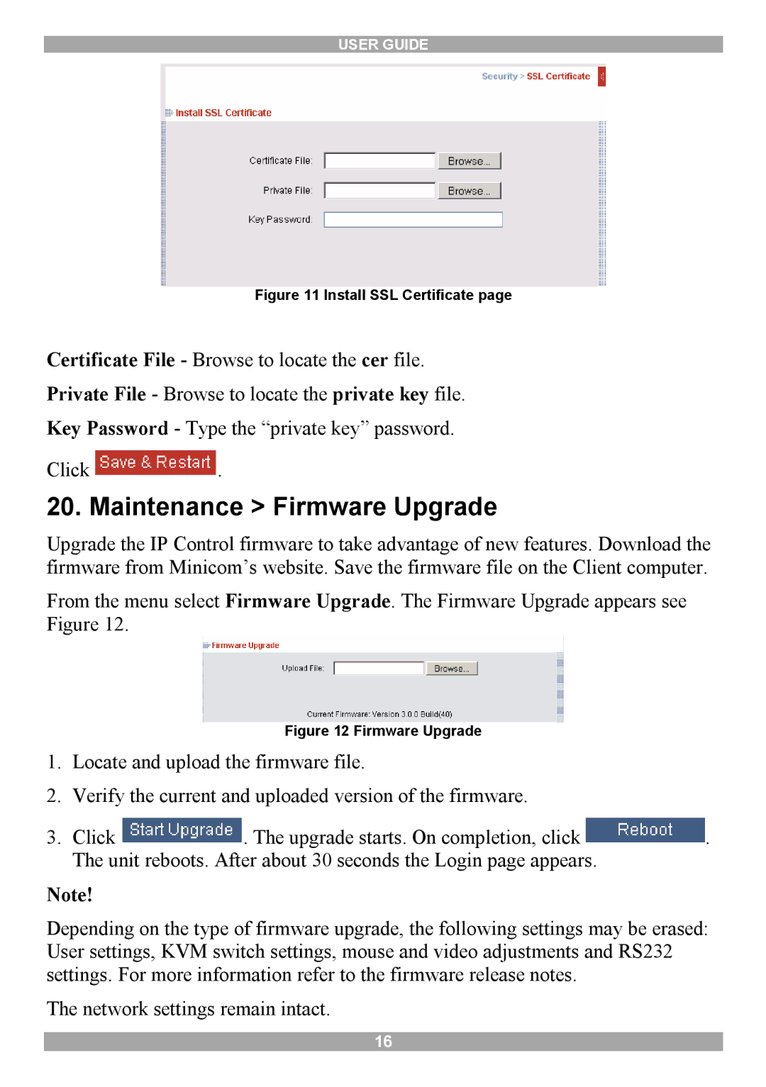 Minicom Advanced Systems IP Control manual Maintenance Firmware Upgrade, Install SSL Certificate 