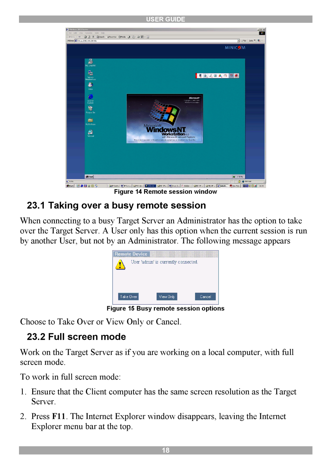 Minicom Advanced Systems IP Control manual Taking over a busy remote session, Full screen mode 