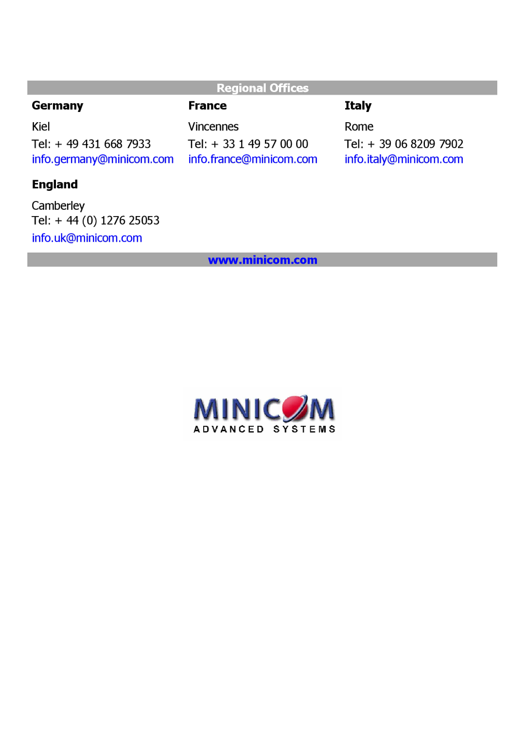 Minicom Advanced Systems IP Control manual Regional Offices 